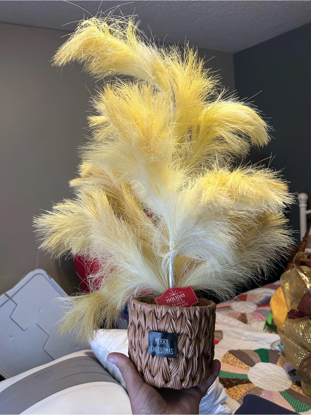 Holiday Home Yellow Feather Arrangement in Woven Pot